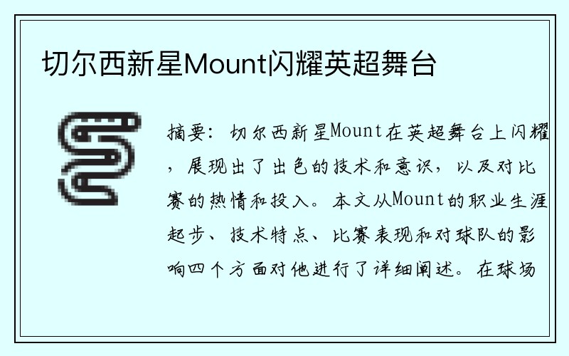 切尔西新星Mount闪耀英超舞台